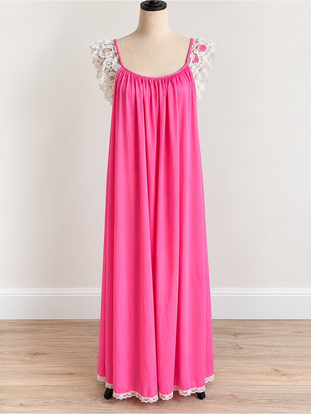 Vintage 60s/70s Lucie Ann Pink Nylon Nightgown Lace Tulip Floral Maxi M